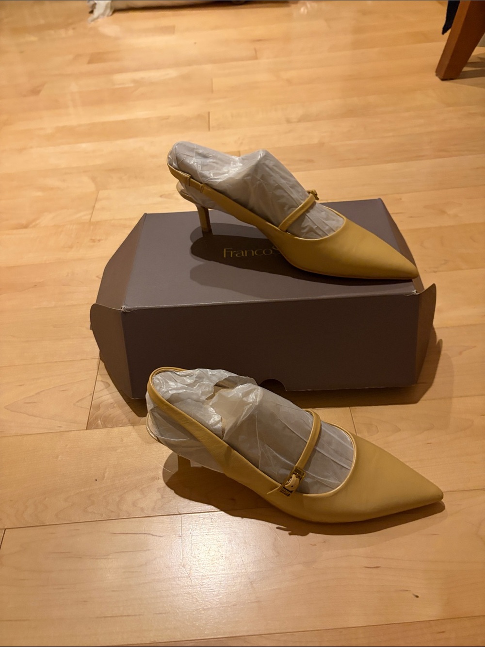 Franco Sarto Yellow Pointed-Toe Mary Jane Slingback Heels